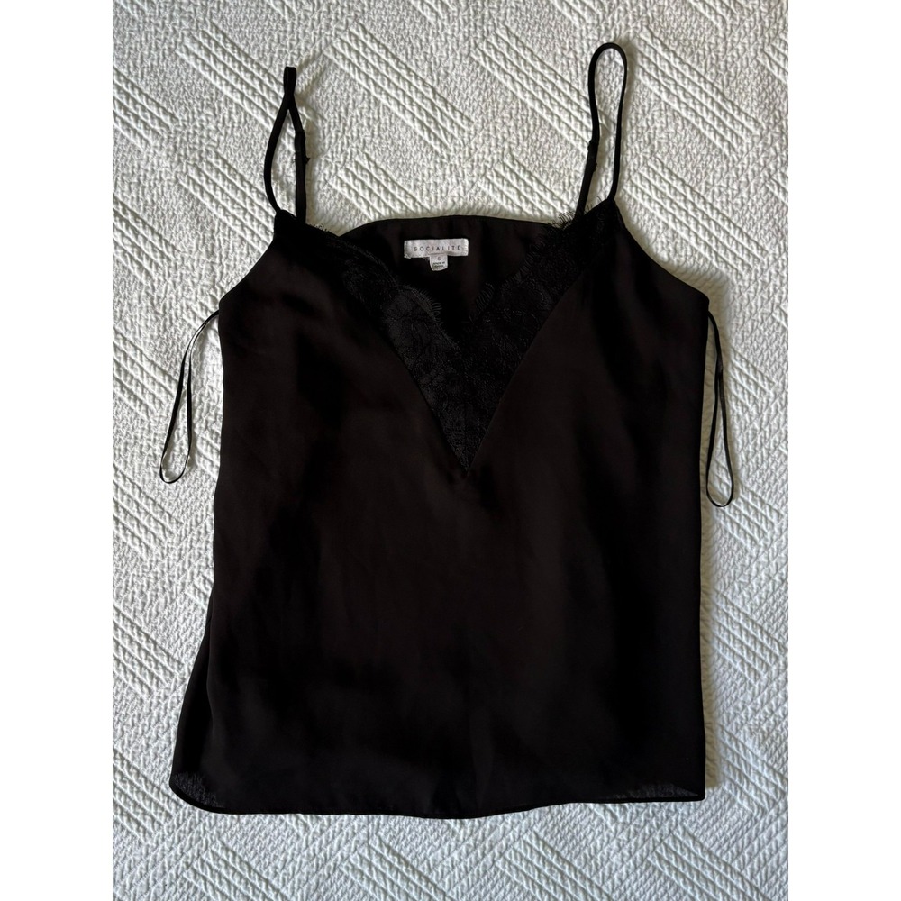 Socialite Women's Small Black Camisole V-neck Lace Details Spaghetti Strap Y2K